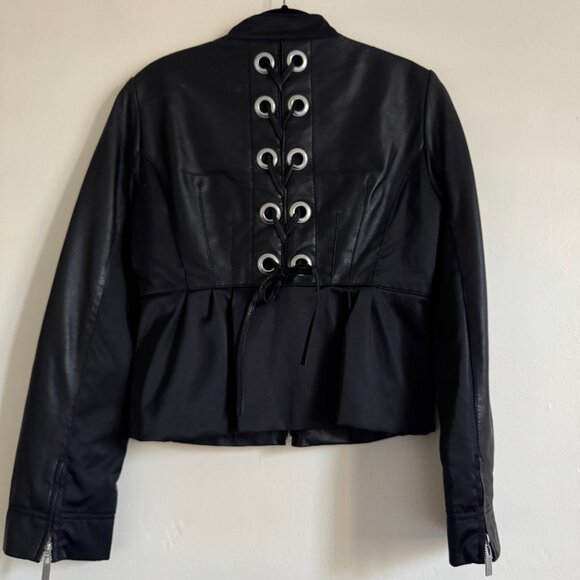 Vintage BEBE Black Leather Moto Jacket with Laceup Back and Peplum Skirt, Small - Picture 2 of 14